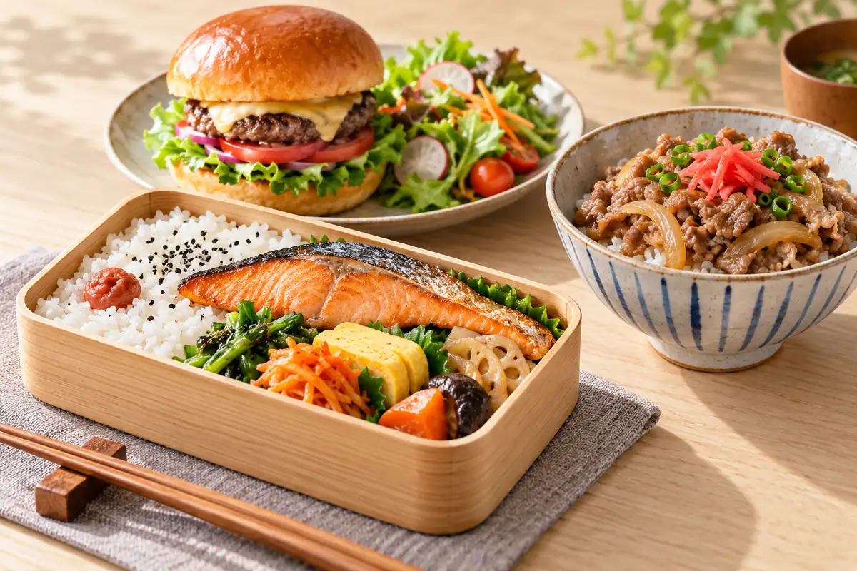 魚のお弁当、バーガー、牛肉の丼を並べたランチ候補のイメージ