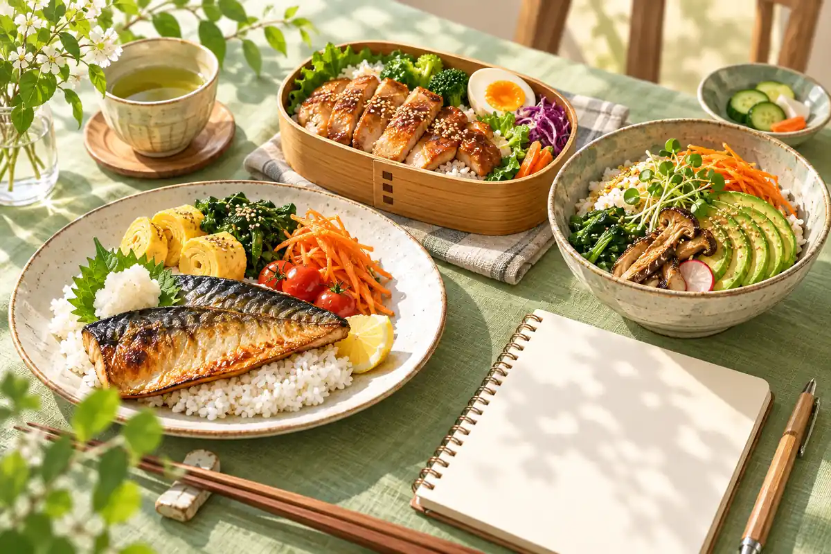 焼き魚のごはん、鶏肉の弁当、野菜の丼を並べた一週間のランチ計画のイメージ