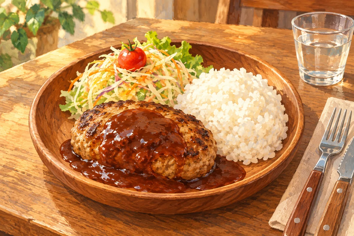 木の皿にハンバーグ、ごはん、野菜サラダを盛り付けたイラスト
