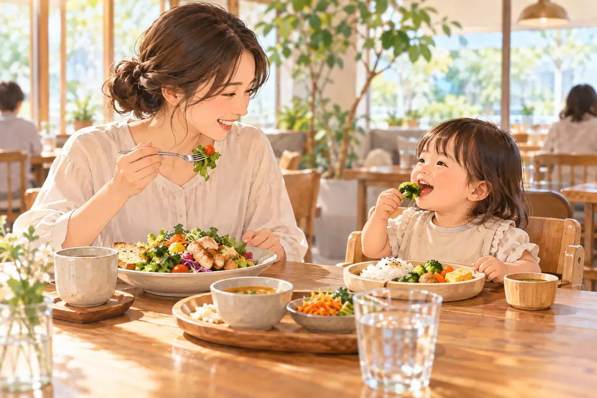 子ども用の椅子に座る子と保護者がカフェでランチを楽しむイメージ