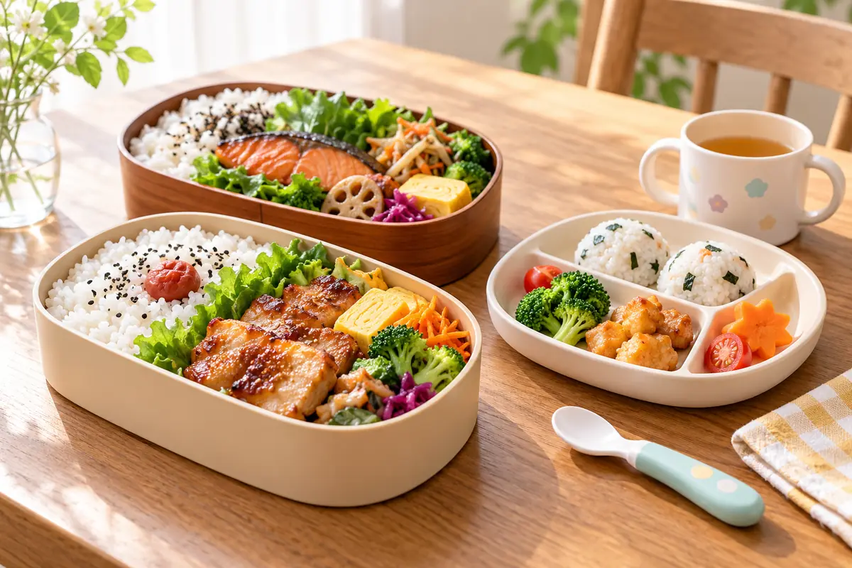 大人用の弁当と子ども用の小皿を並べた家族ランチのイメージ