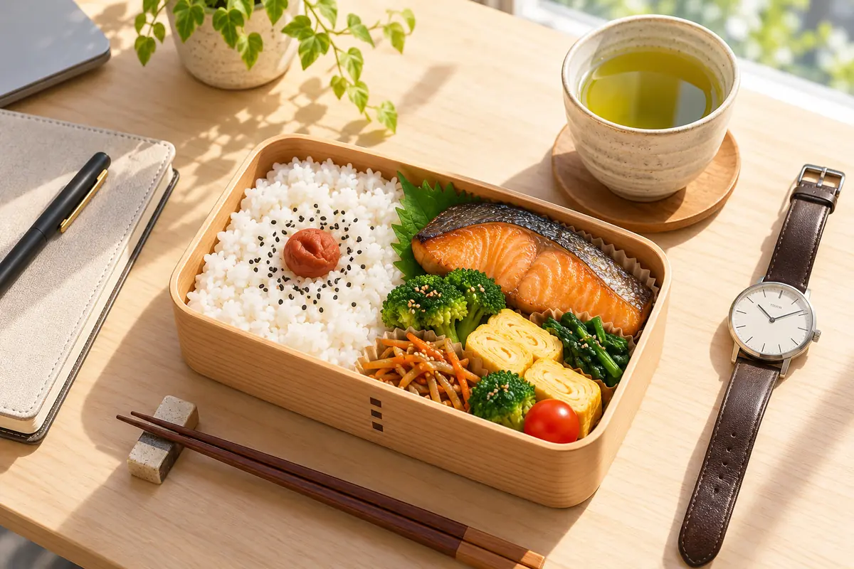 弁当、お茶、時計を並べた昼休みの食事のイメージ