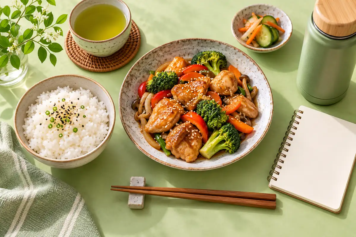 ごはん、鶏肉と野菜のおかず、水筒とノートを並べたランチ準備のイメージ