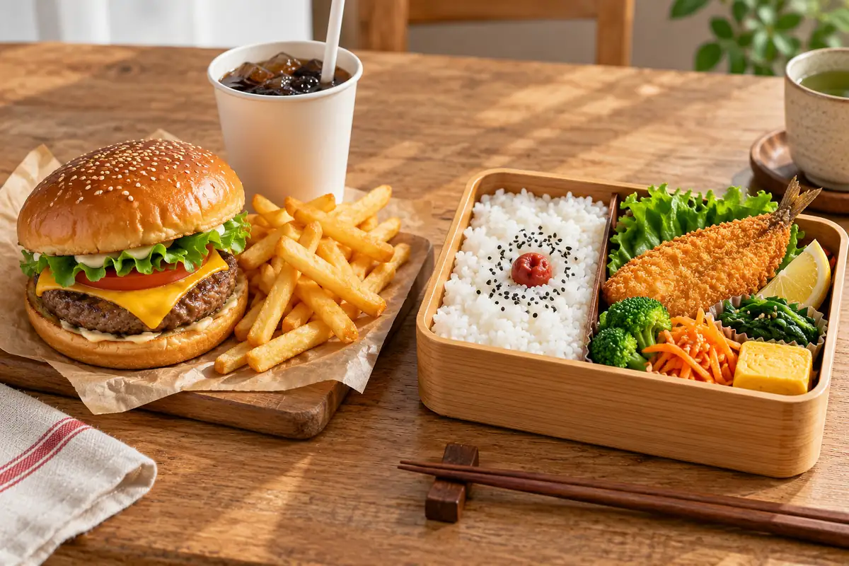 バーガーとポテトの食事、ごはんと魚のお弁当を並べた比較イメージ