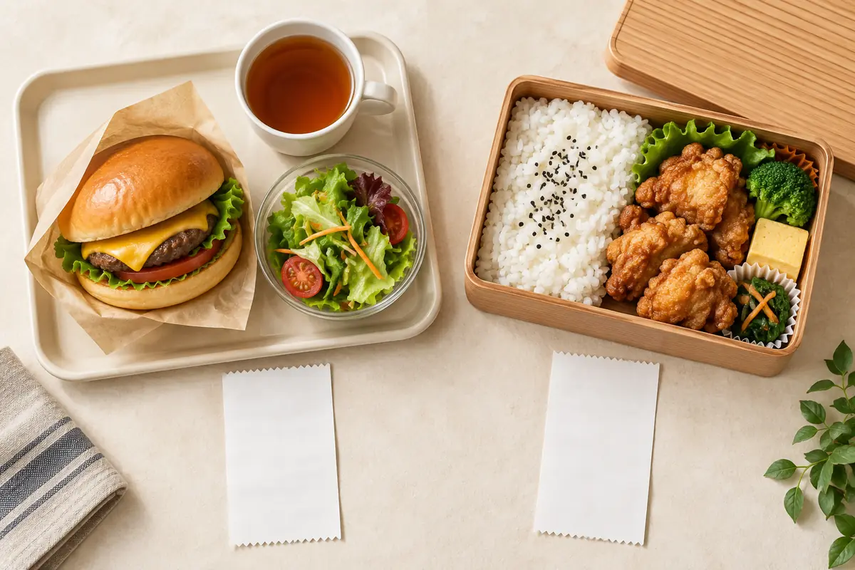 バーガー、サラダ、お茶とから揚弁当を並べたランチ総額比較のイメージ