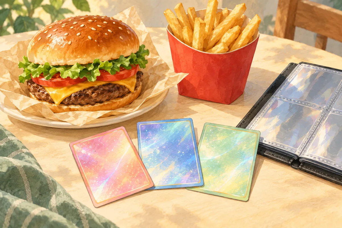 ハンバーガーとフライドポテト、無地のカードと保護ファイルを描いたイラスト