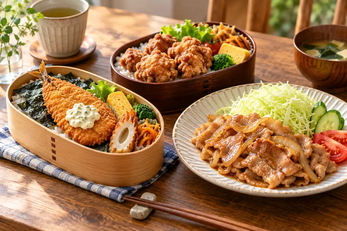 のり弁、から揚弁当、しょうが焼きを並べた定番ランチのイメージ