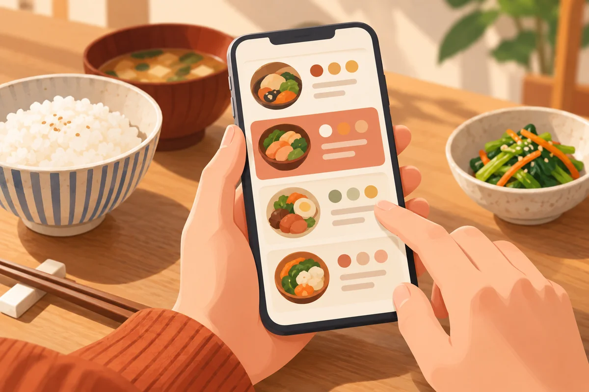 スマートフォンの情報を見ながらランチを選ぶイメージ
