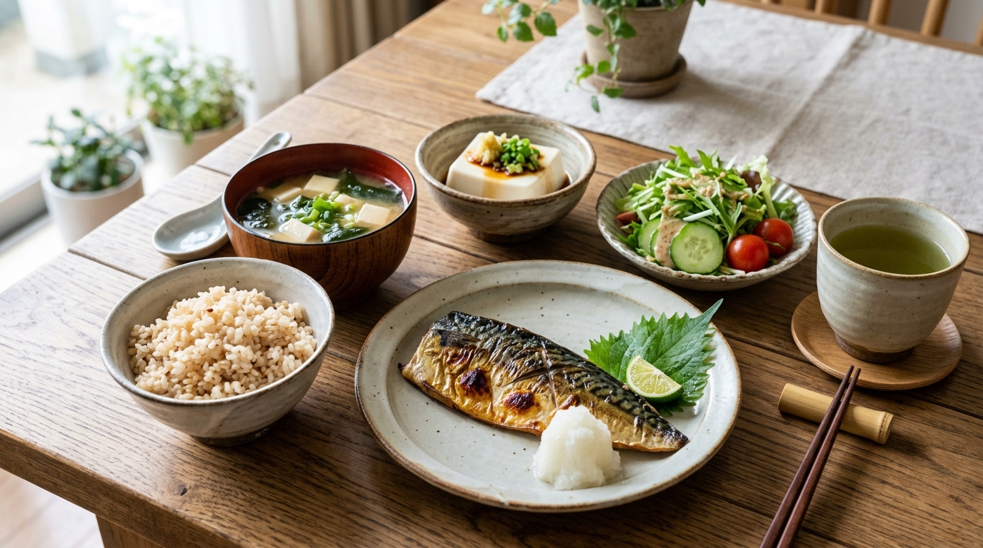 バランスの良い和食を中心とした健康的なダイエット食事メニュー（焼き魚、味噌汁、雑穀米、サラダ、豆腐）