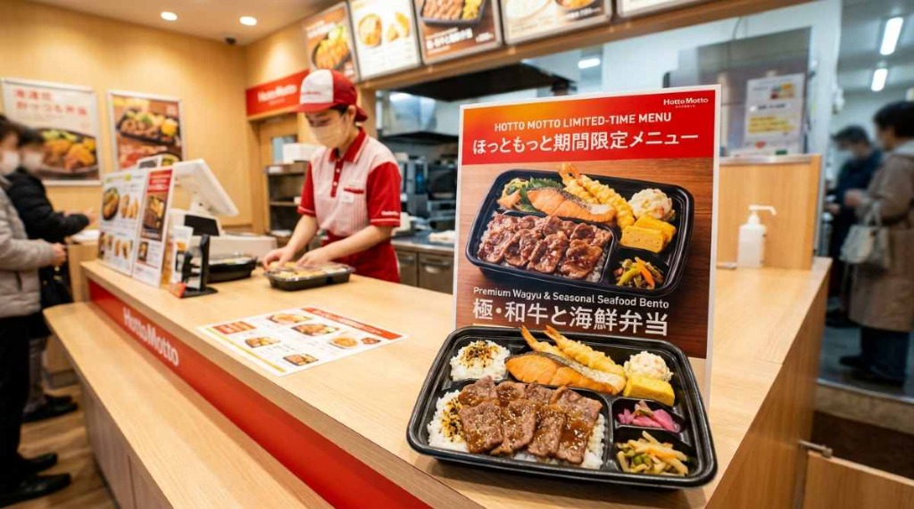 ほっともっとの期間限定メニュー「極・和牛と海鮮弁当」のポスターとお弁当展示