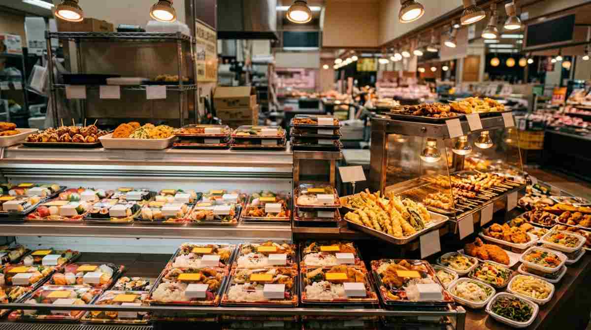 日本の超市のお茶・飲み物・乳製品・食パン棚のディスプレイ
