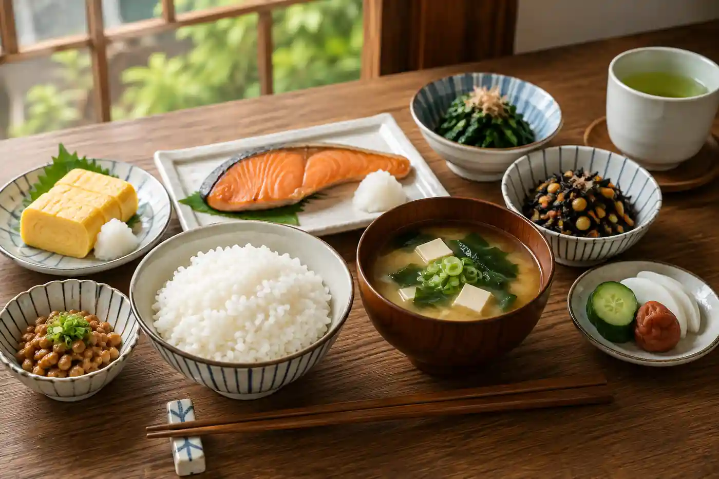 日本の伝統的な朝ごはん（ごはん・味噌汁・おかず・フルーツの組み合わせ）